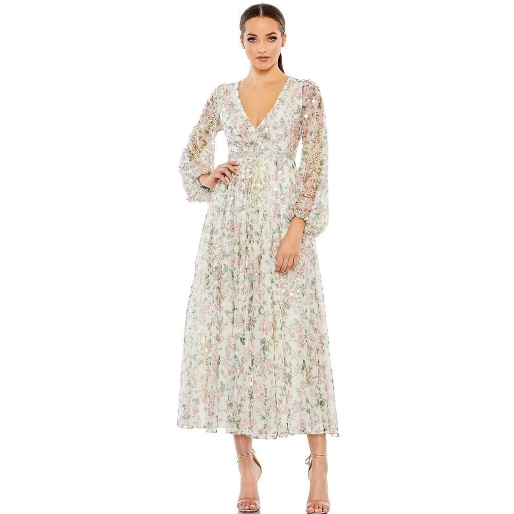 Mac Duggal Embellished Floral Print Faux Wrap A Line
Dress